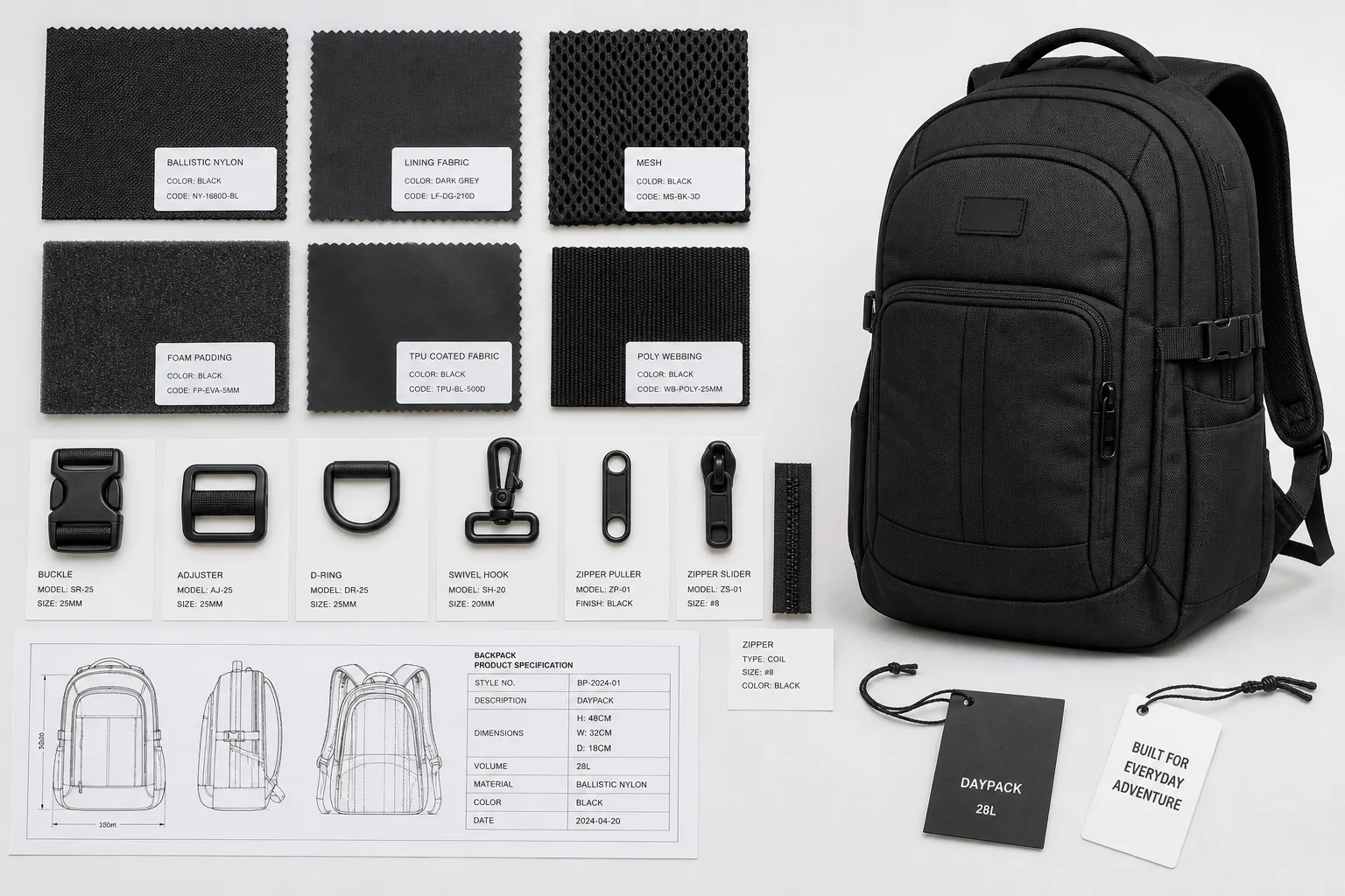Material swatches and hardware components with identification cards