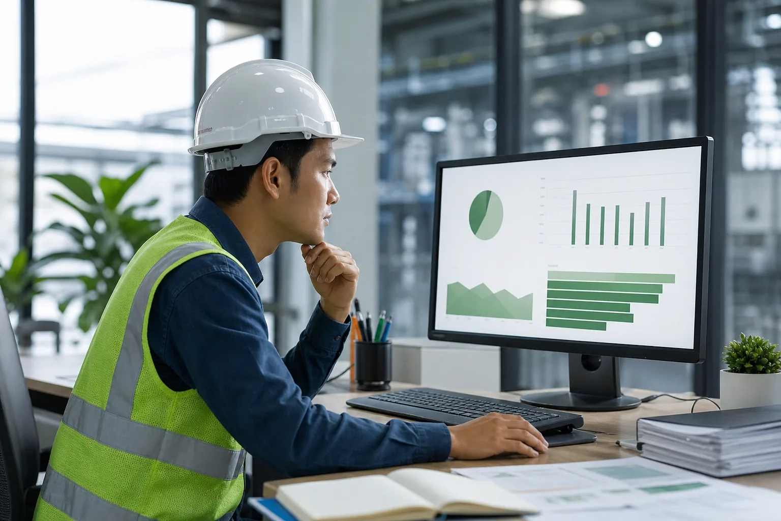 Environmental engineer reviewing emission data in a factory office