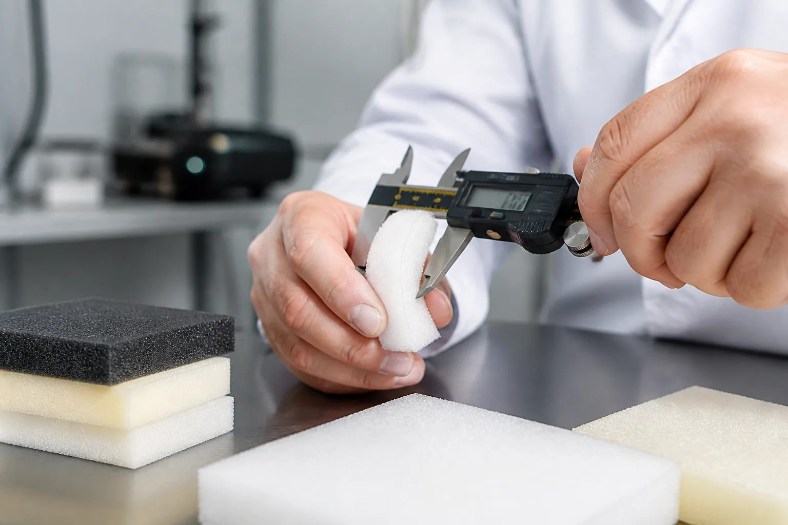Technician measuring foam padding thickness with a digital caliper