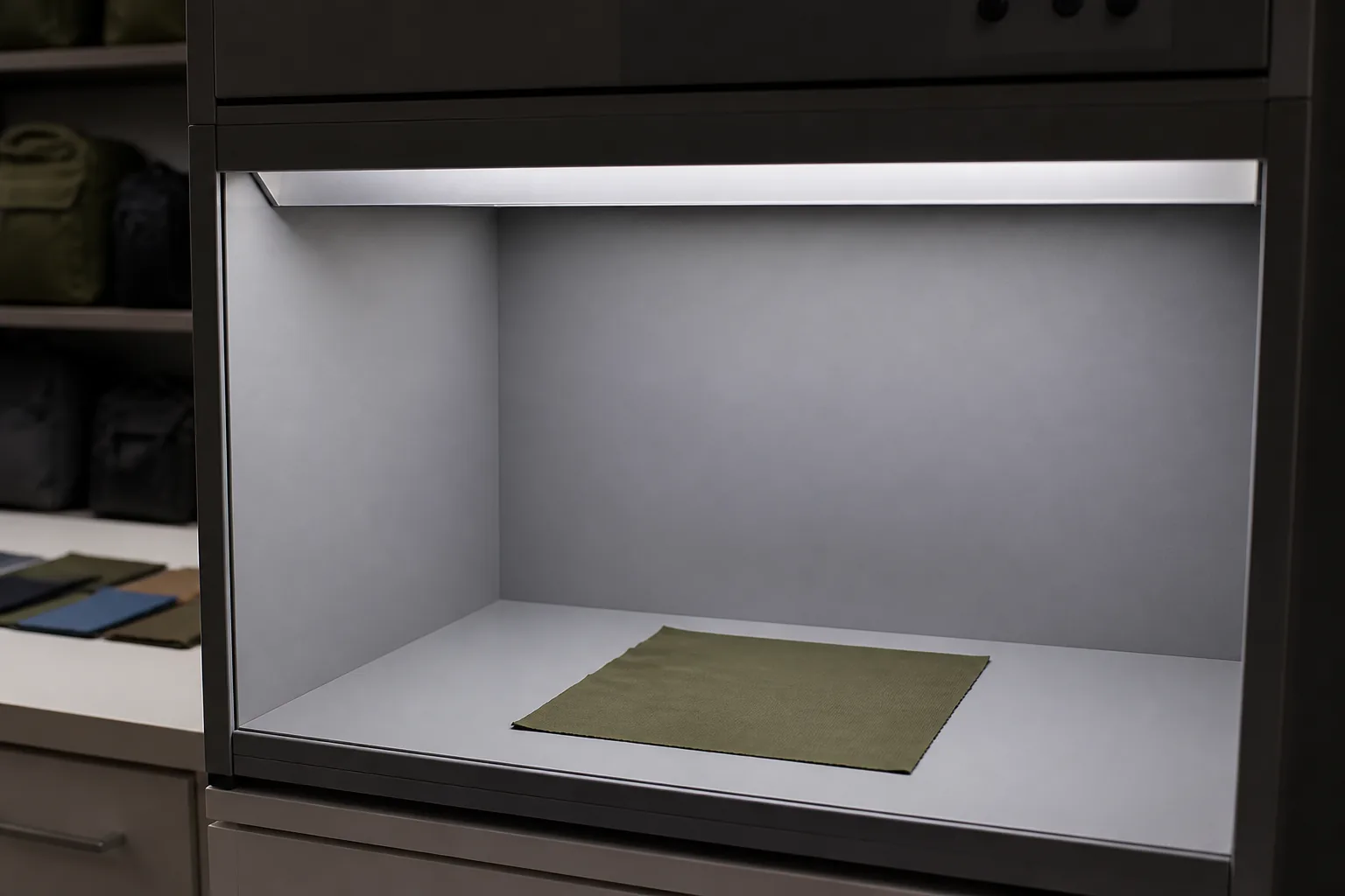 Colour approval station with a fabric swatch under controlled lighting