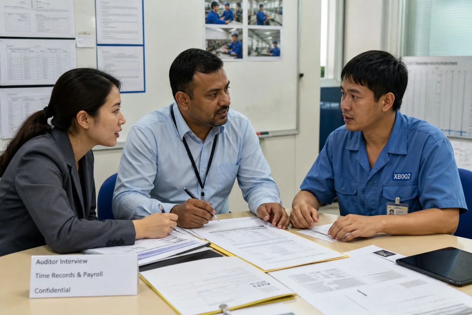 Auditor interviewing worker with translator