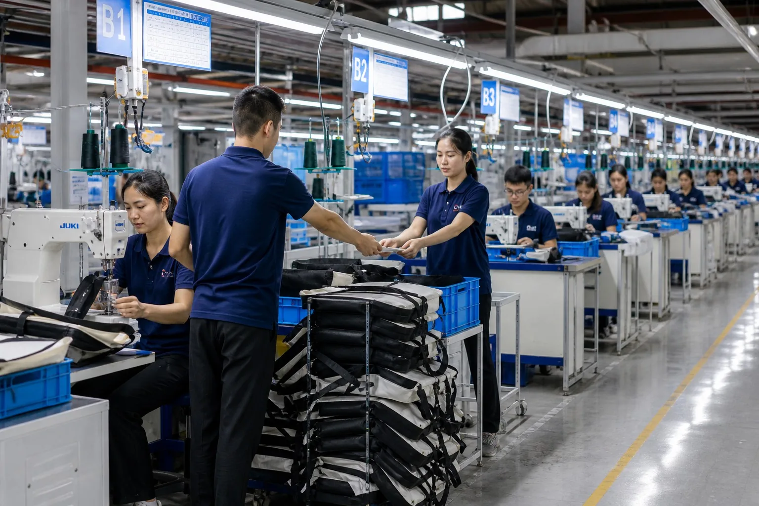 Backpack continuous flow sewing line