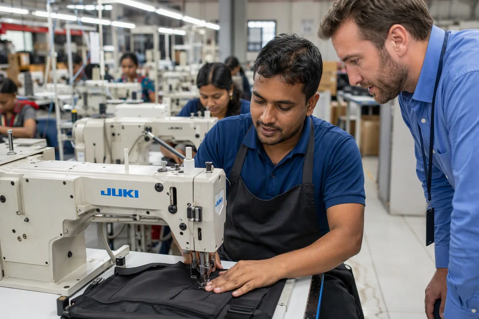 Row of industrial sewing machines in backpack factory