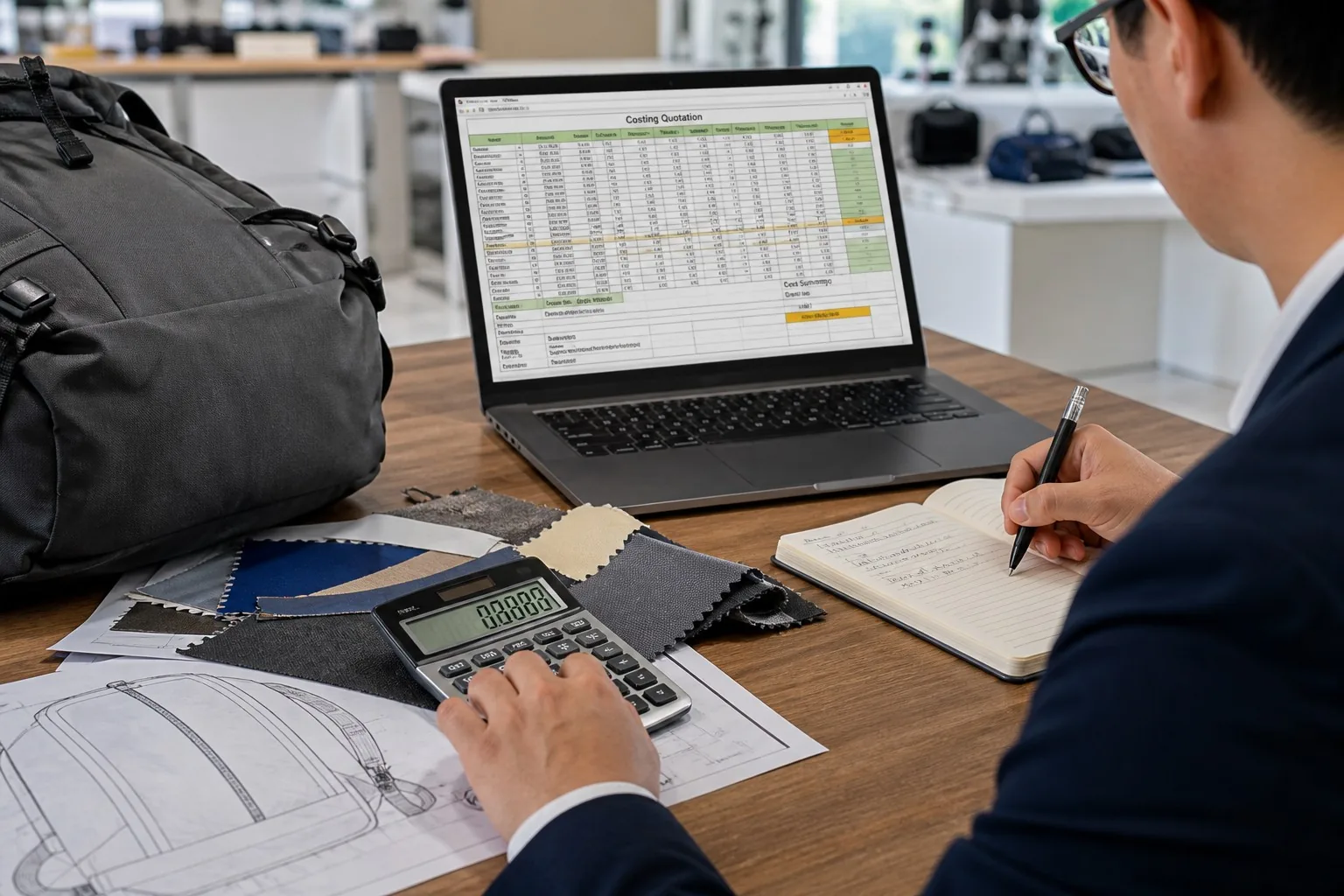 Cost calculation desk with quotation spreadsheet