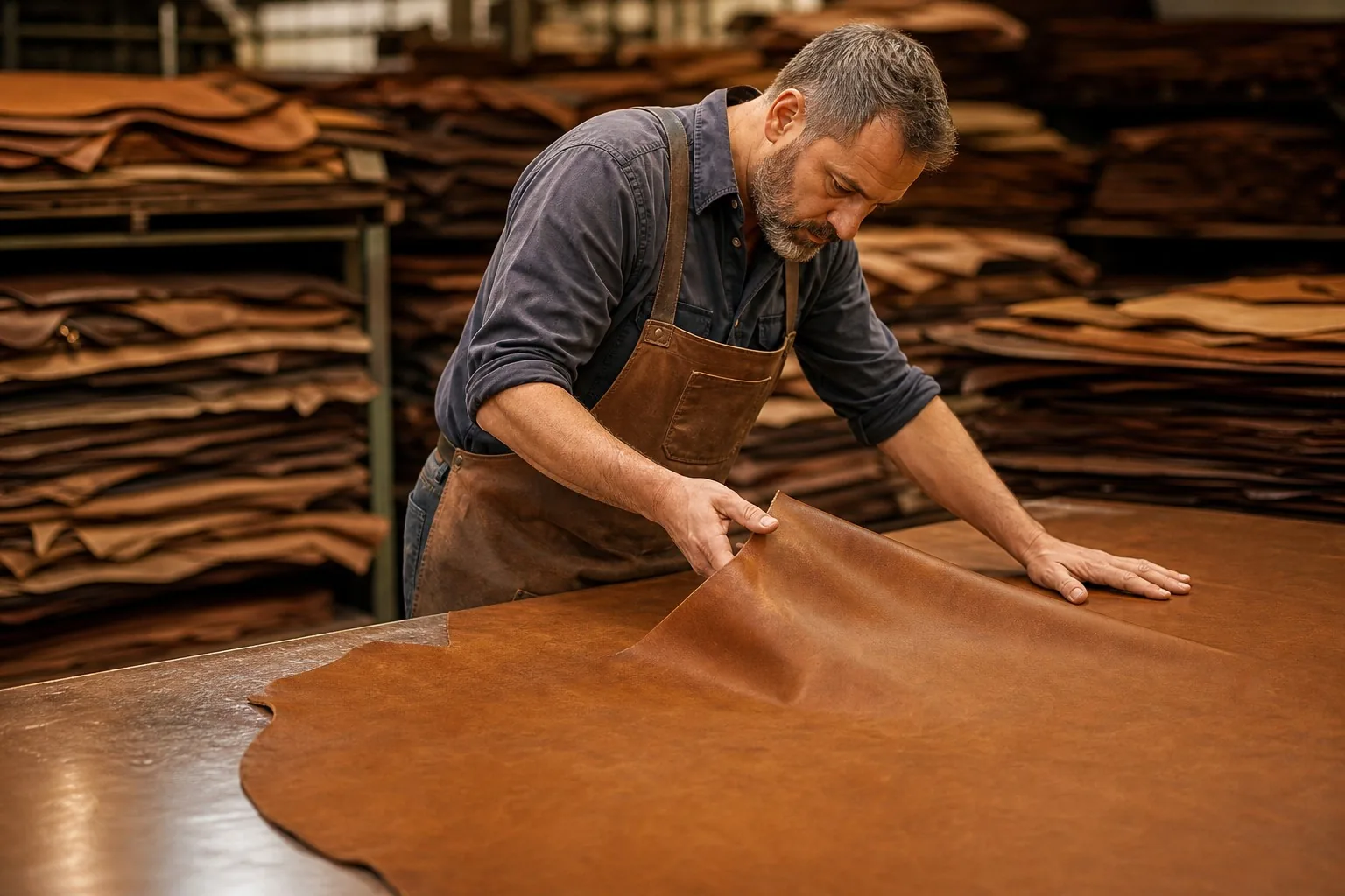 Finished leather hides inspected at tannery
