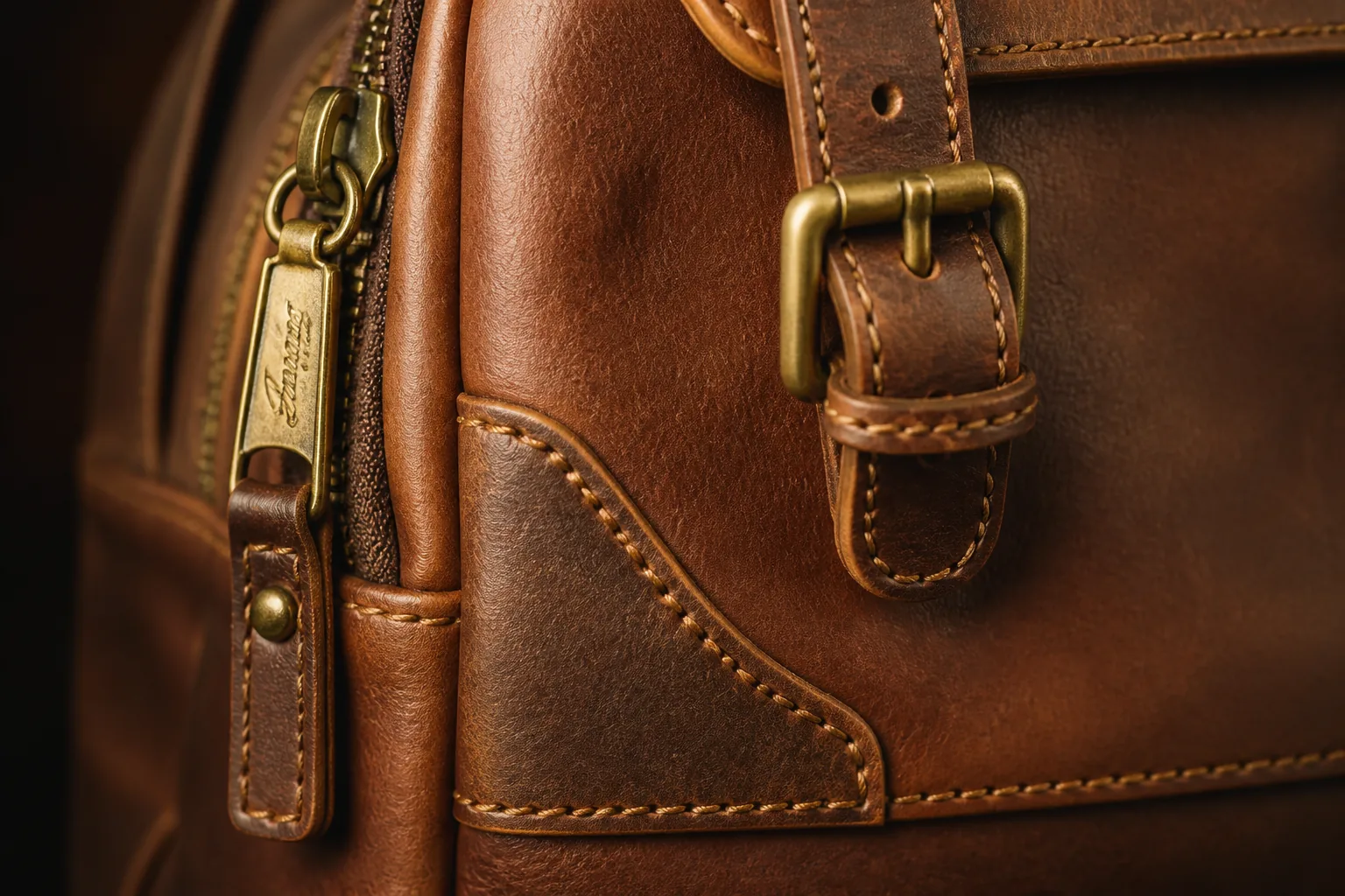Antique brass hardware detail on leather backpack