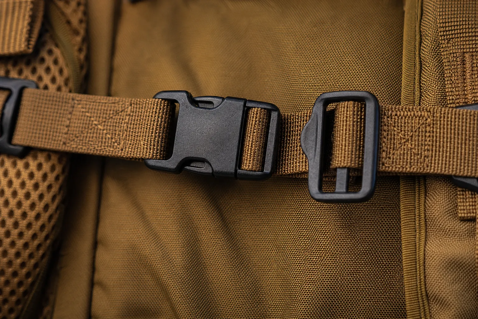 Sternum strap and adjustment hardware detail