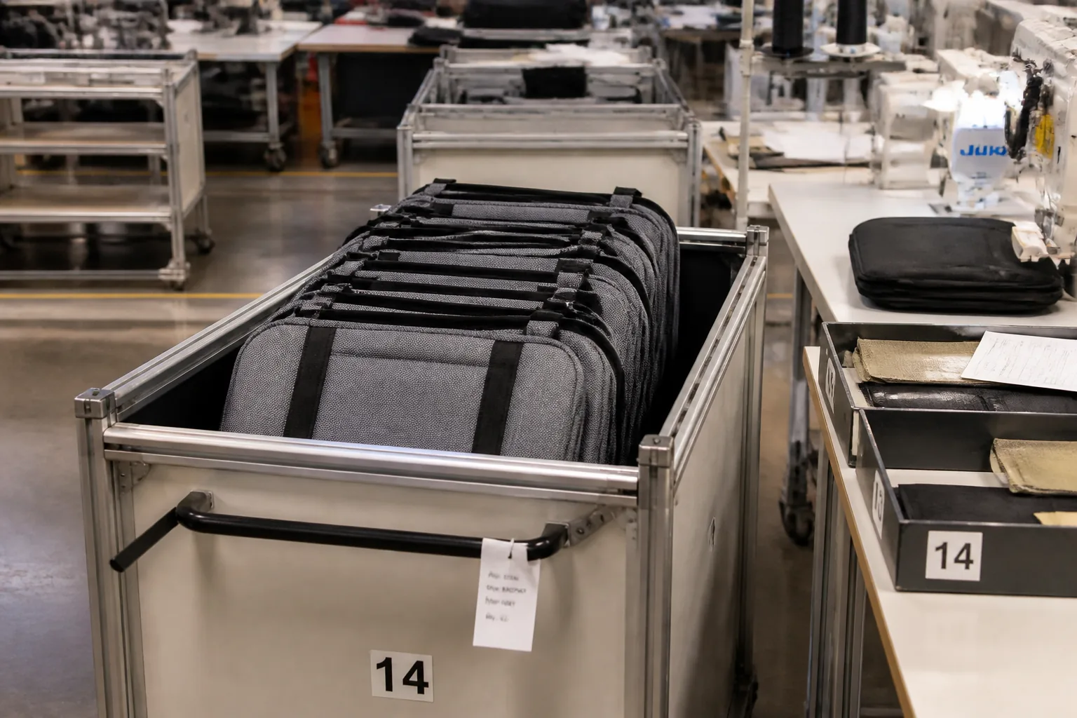 Work-in-progress bundles moving between sewing stations