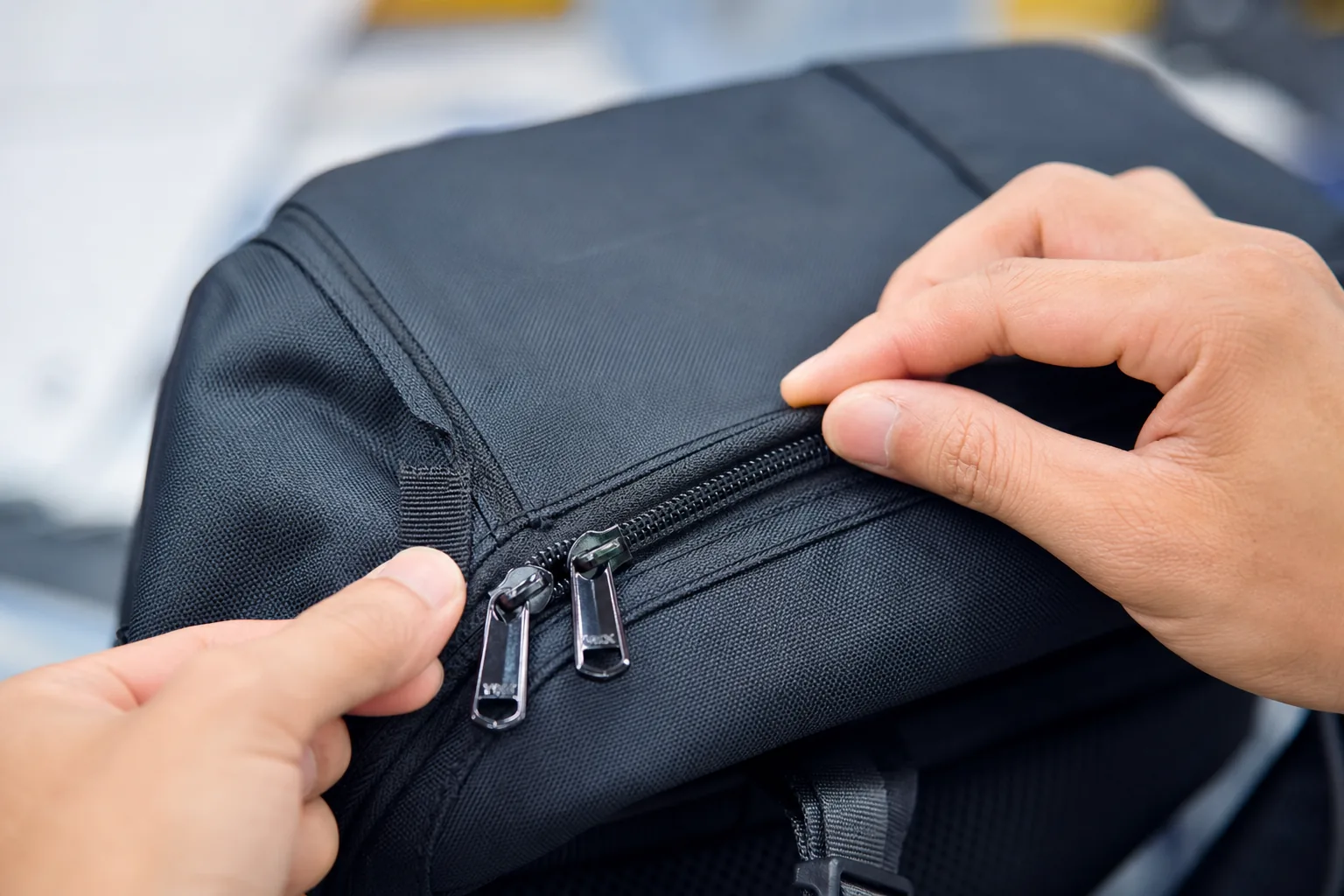 Close-up inspection of zipper and seam quality