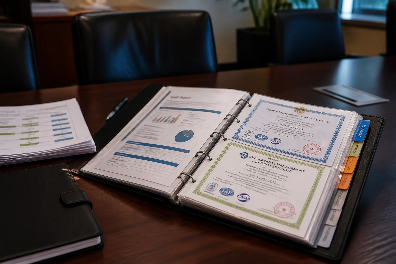 Factory certificates and compliance records in a binder