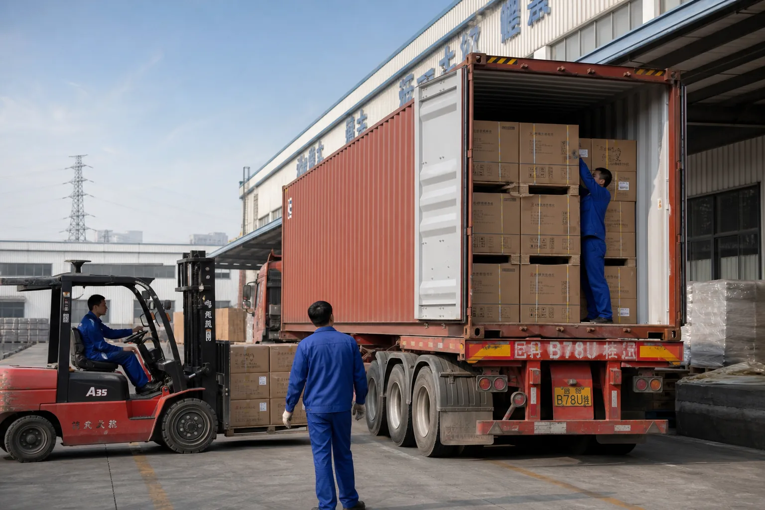 Workers loading cartons into a shipping container at a loading dock