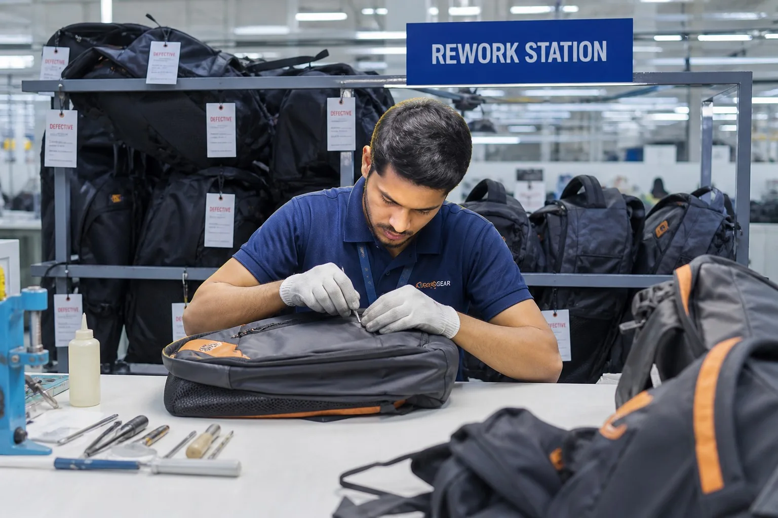 Technician repairing stitching defect at rework station