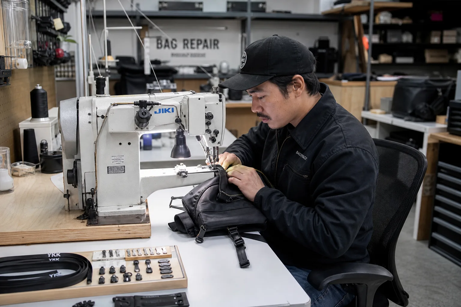 Technician repairing a backpack zipper at a factory repair station