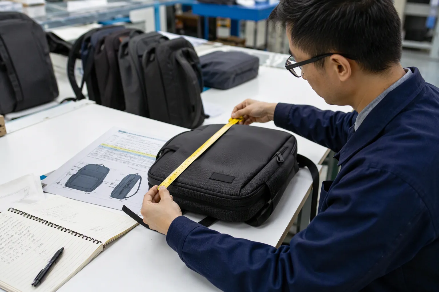 Engineer measuring a backpack sample against the specification