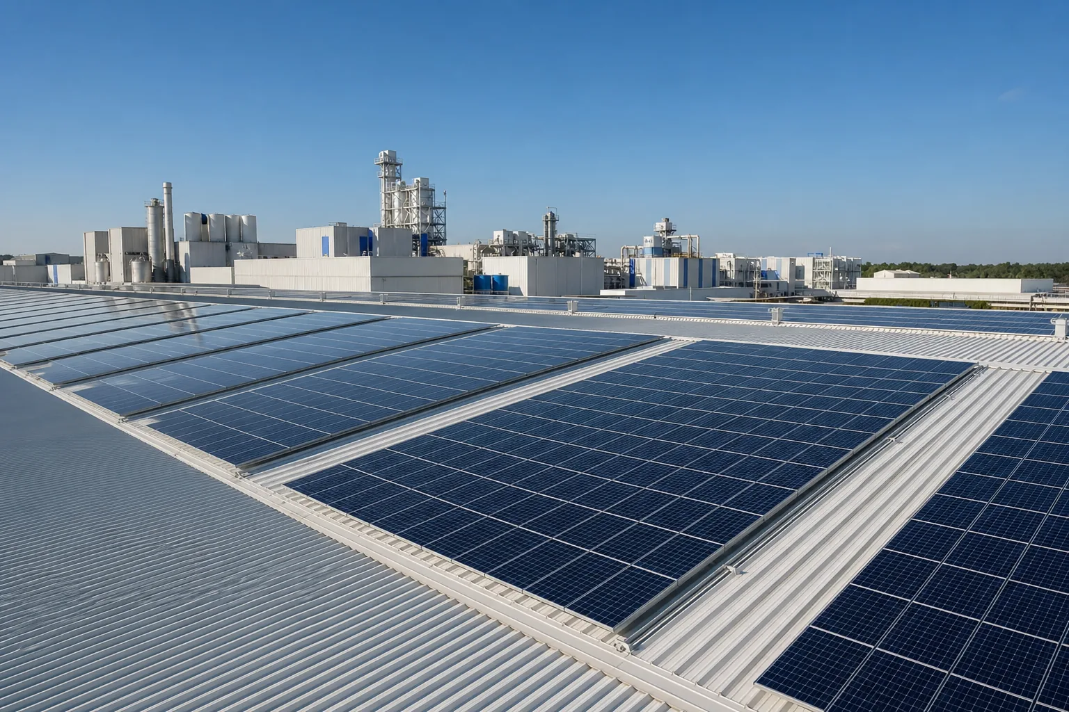 Solar panels installed on an industrial factory rooftop