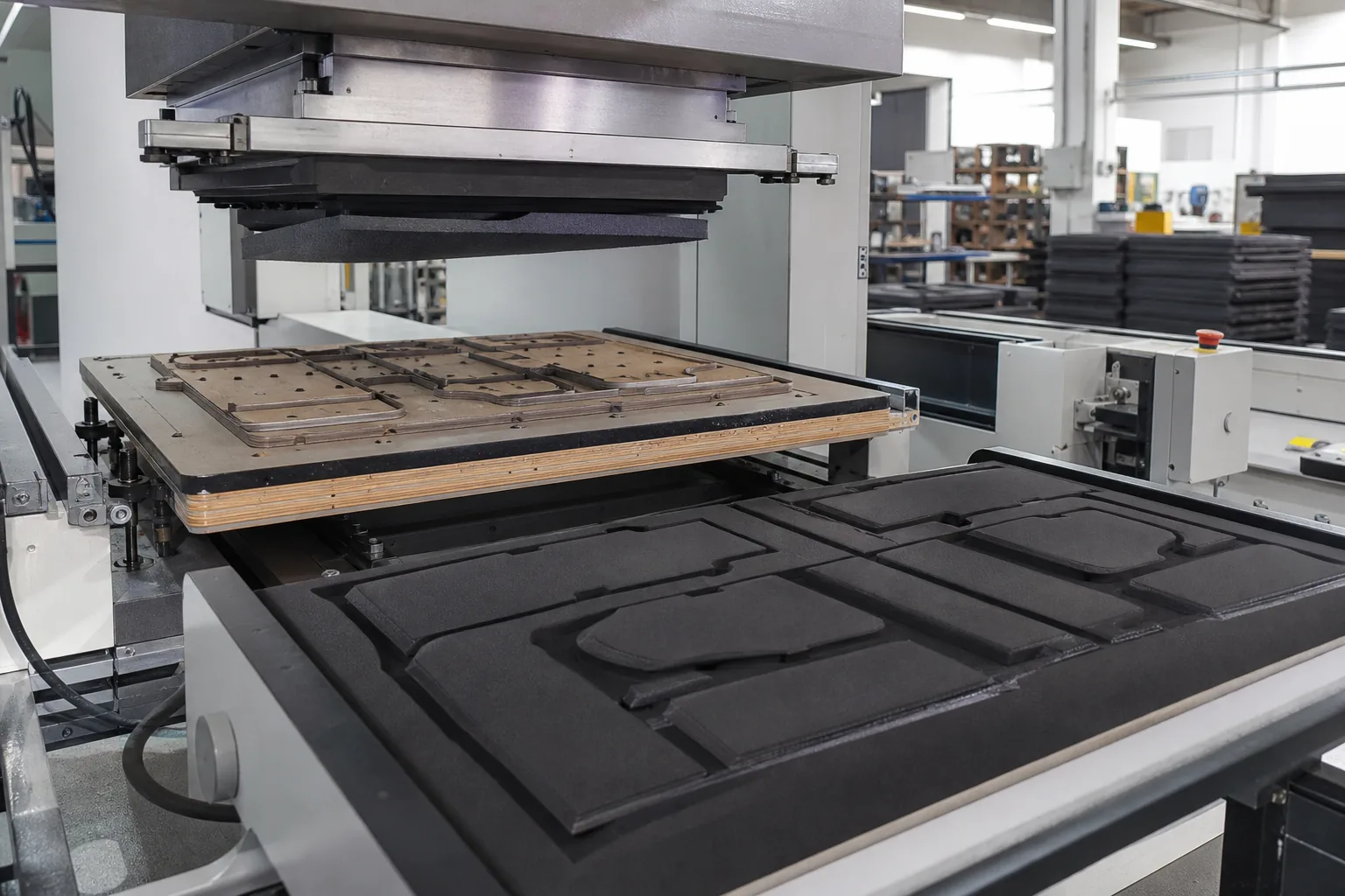 Die cutting press cutting foam padding panels for backpack manufacturing
