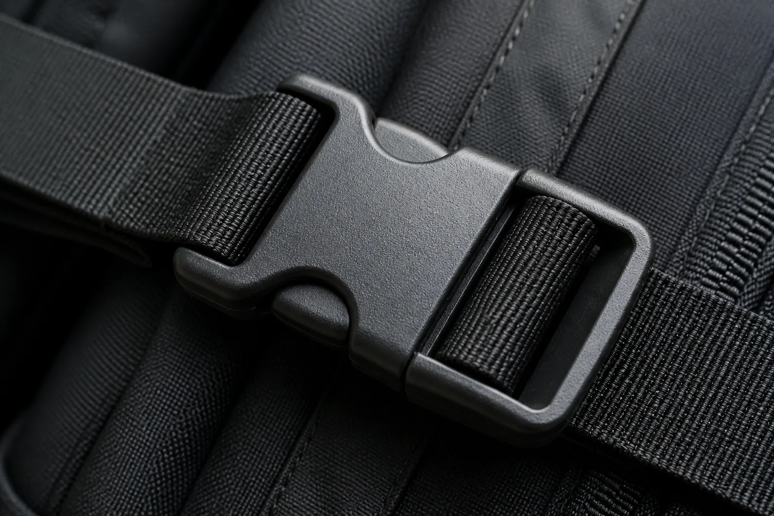 Side release buckle attached to a woven webbing strap on a backpack