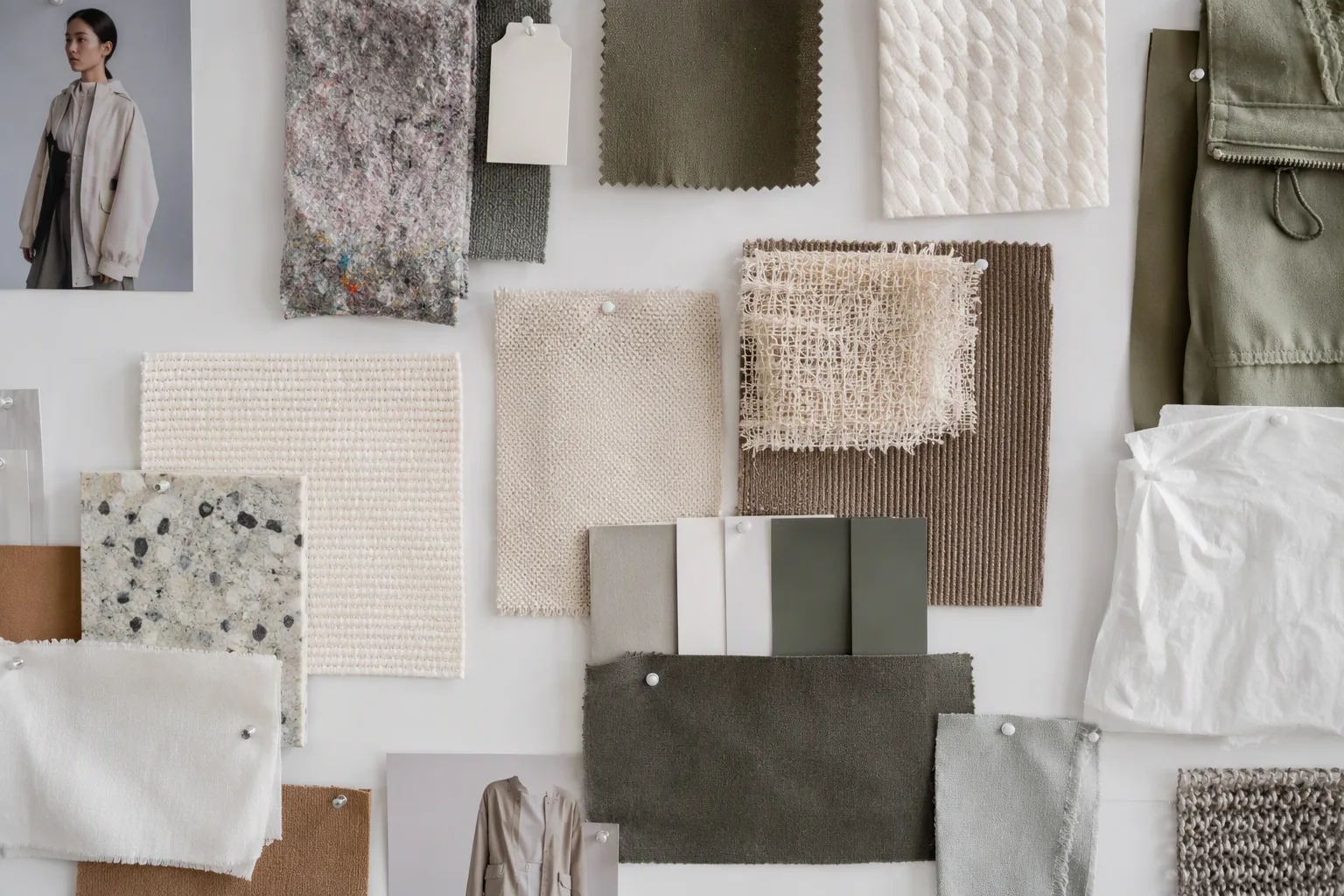 Material trend board with technical and recycled fabric swatches
