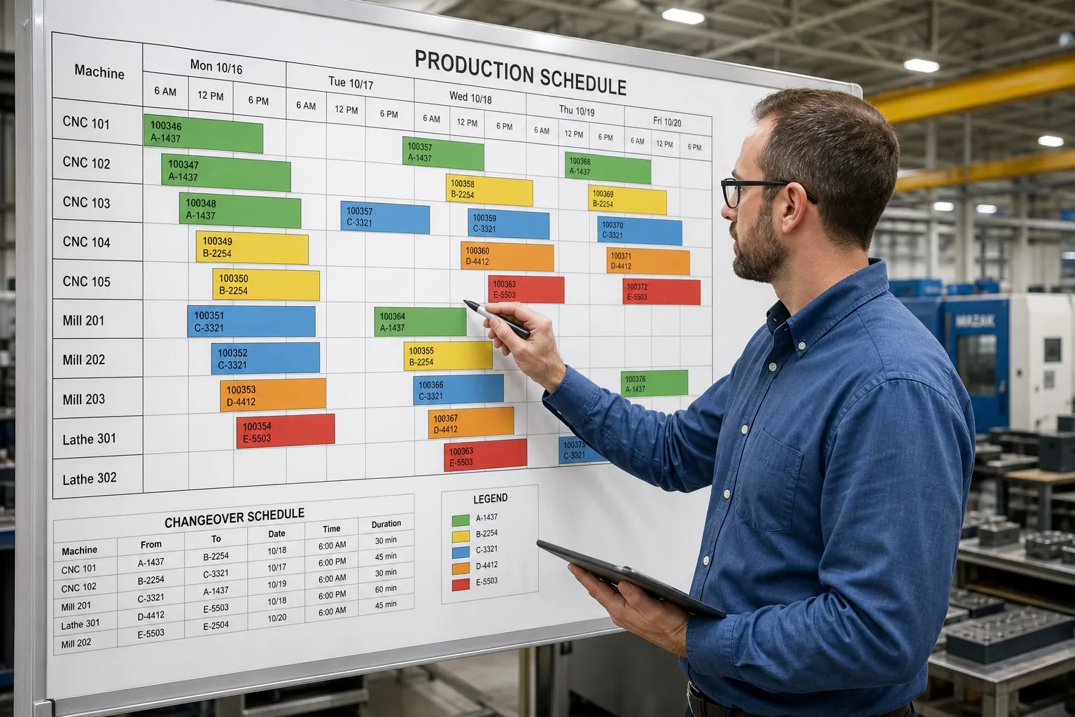 Production planner updating the scheduling board