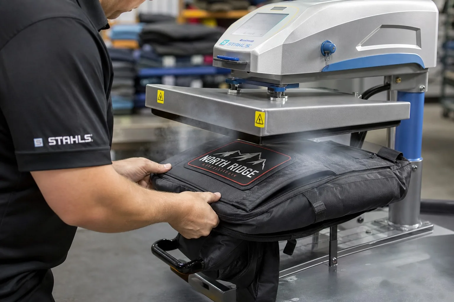 Heat press applying logo patch