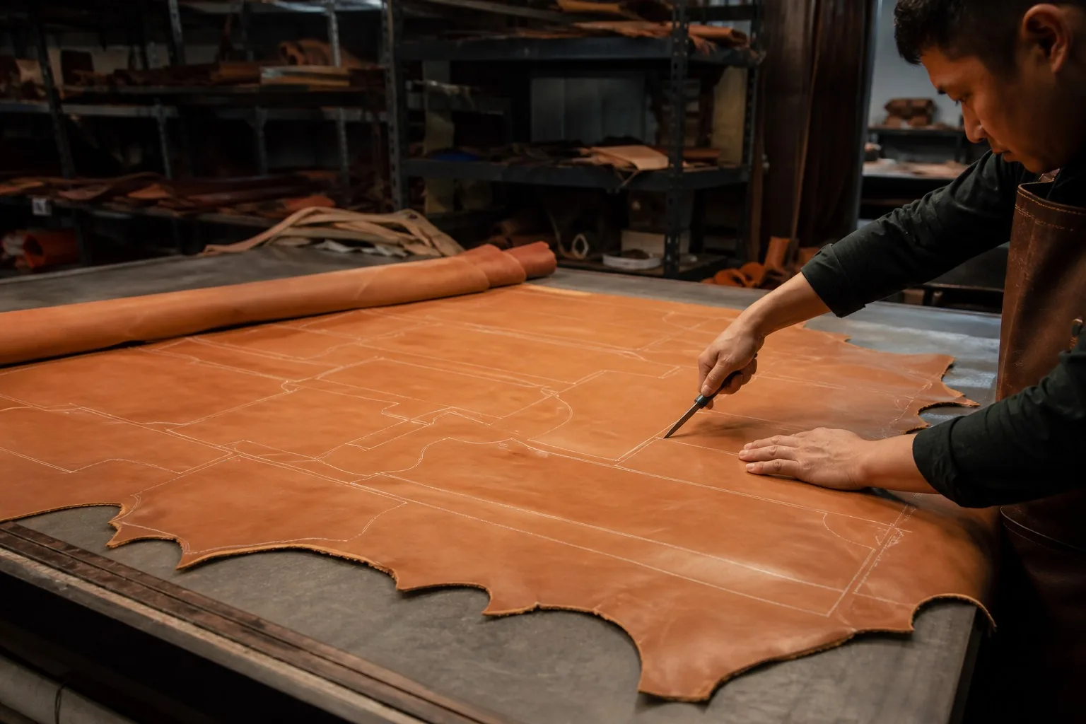 Leather cutting table with pattern pieces