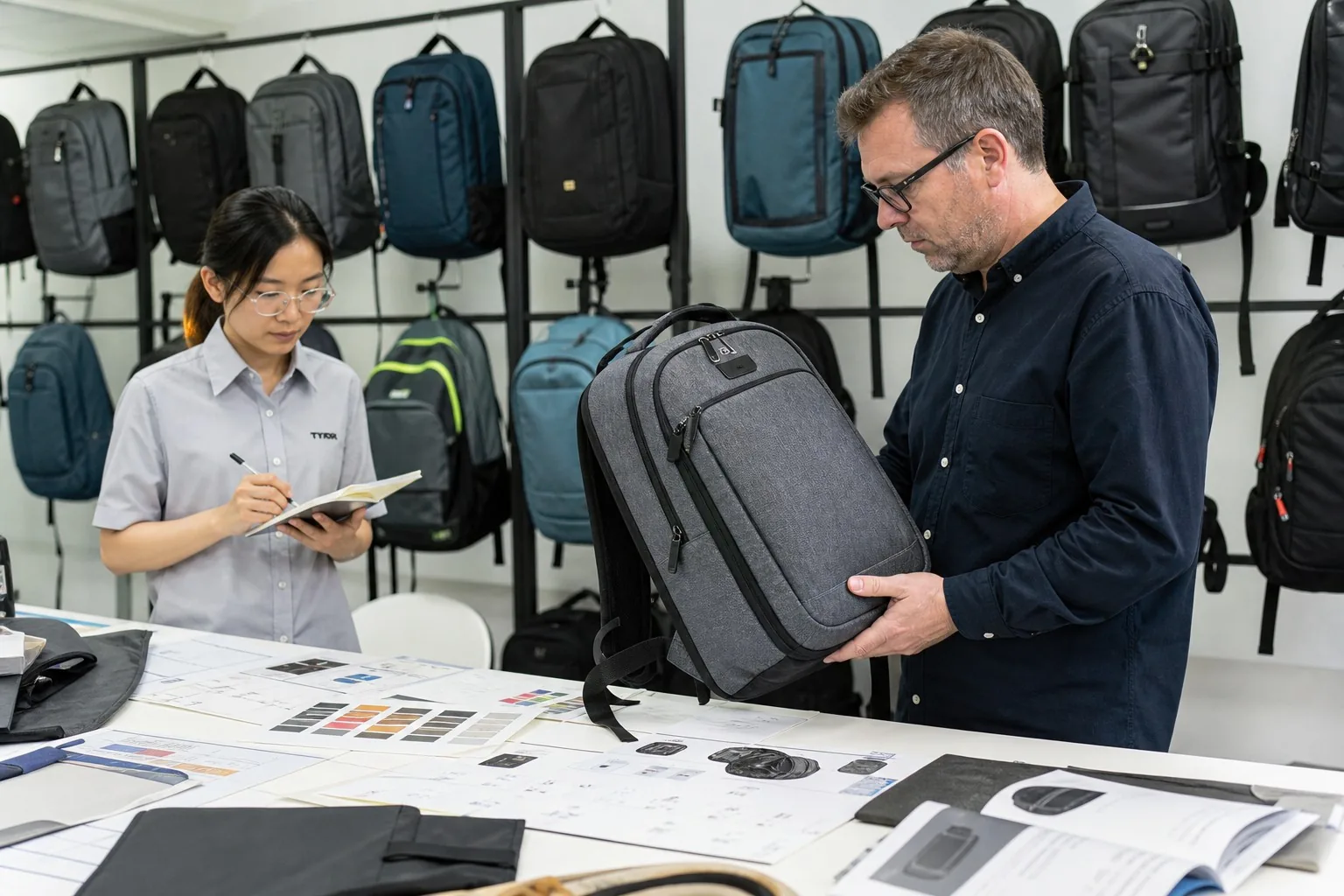 Sample room with prototype backpacks and spec sheets