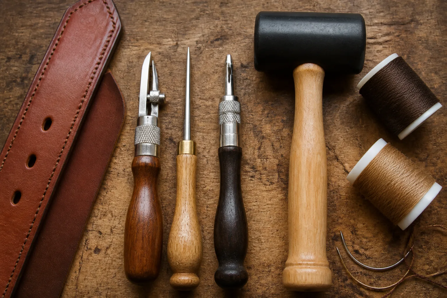 Leather working hand tools on a workbench