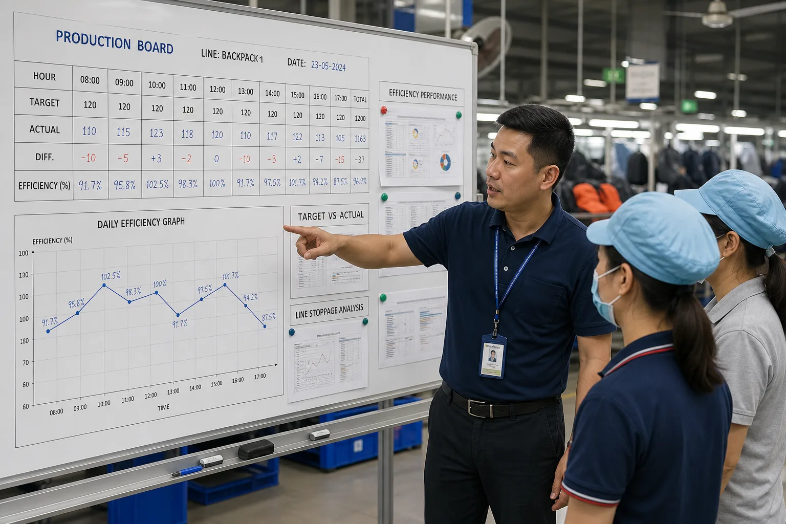 Production board tracking hourly output and efficiency