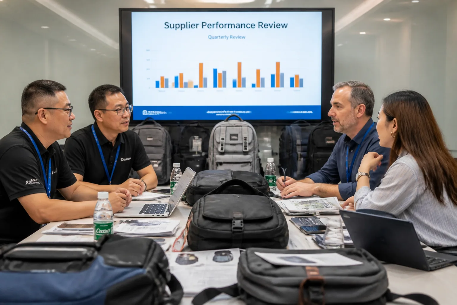Buyer and factory management discussing a performance review