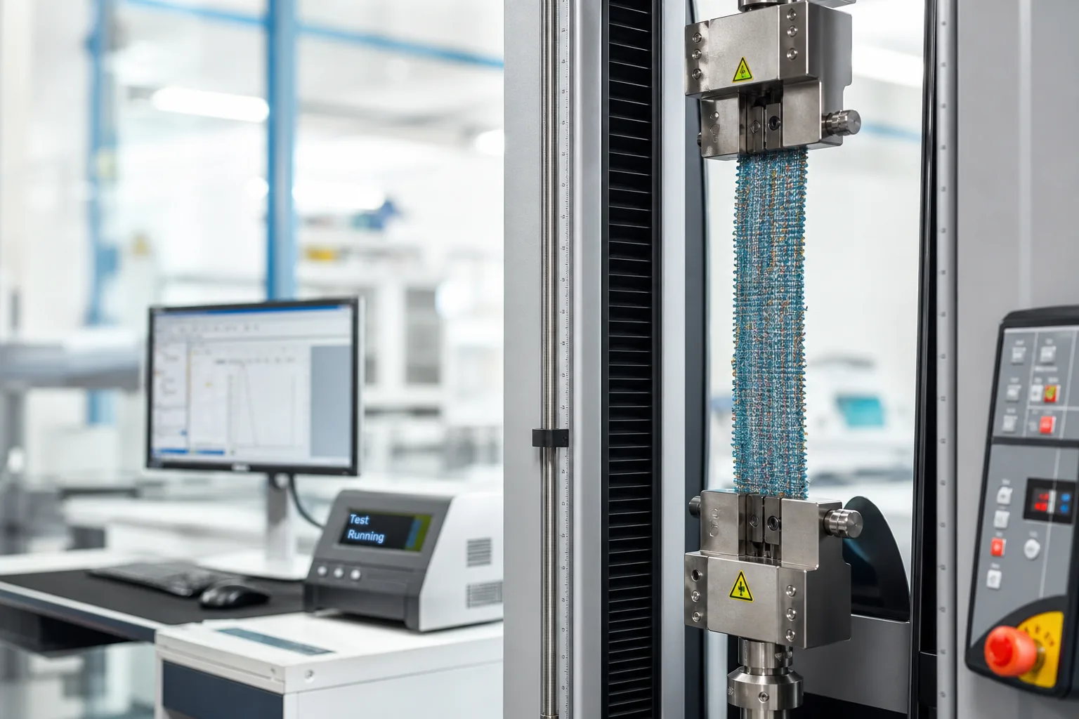 Tensile strength testing of woven recycled fabric in a textile lab