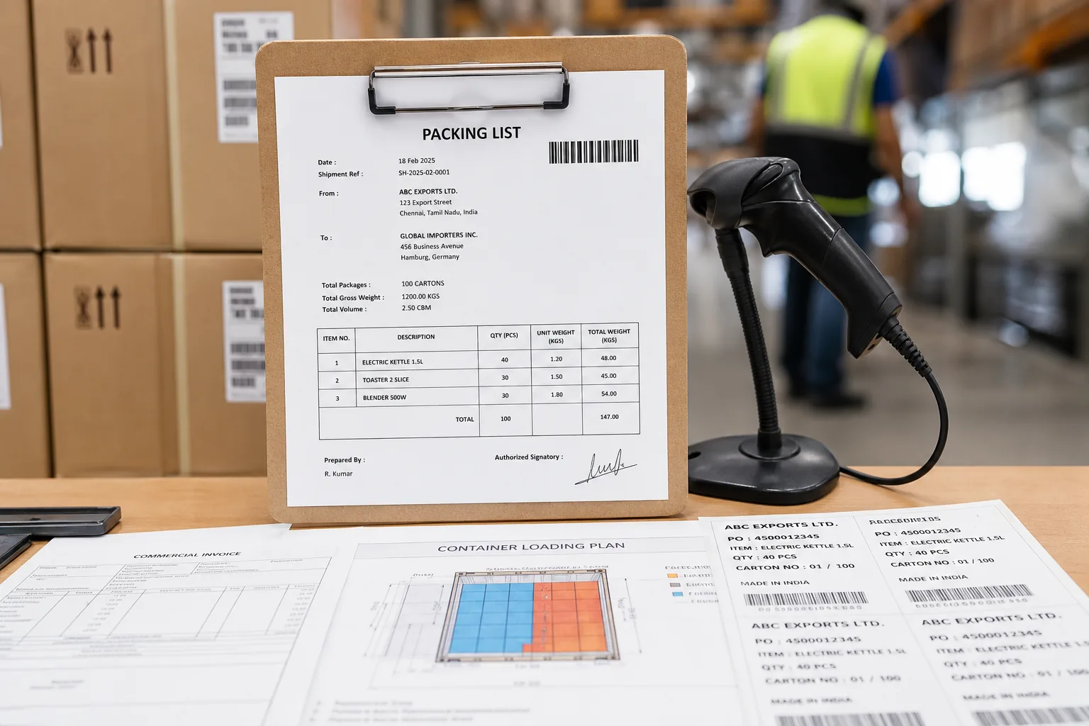 Export shipping documents and packing list at a warehouse desk