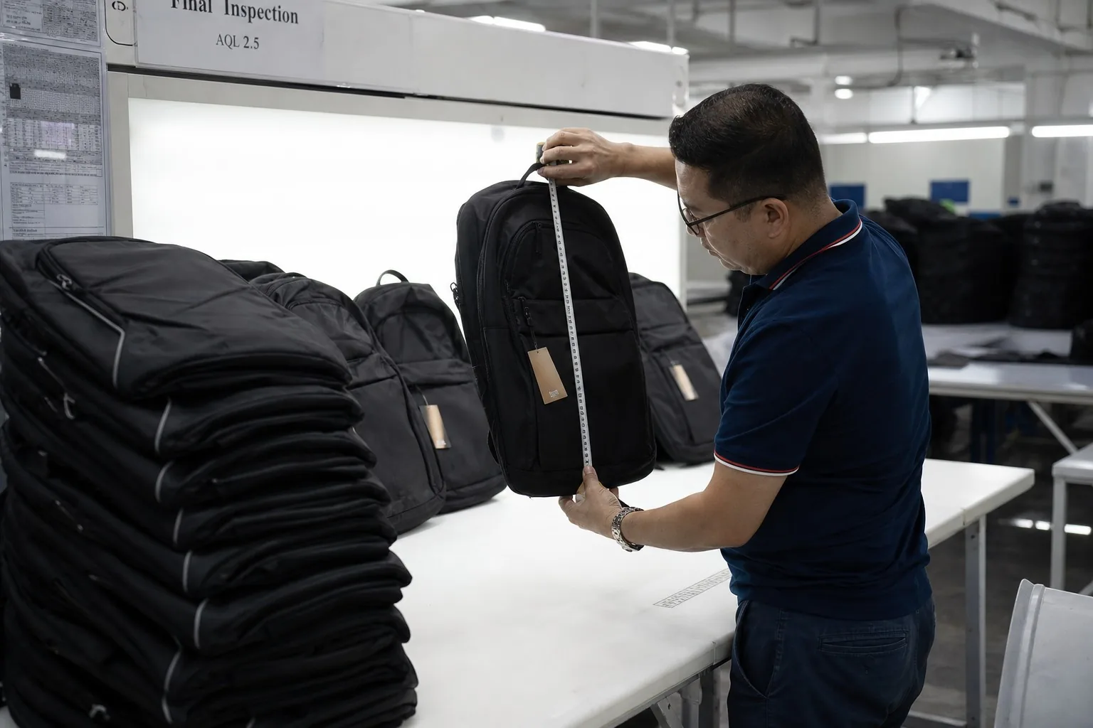 Inspector examining finished backpacks at final inspection