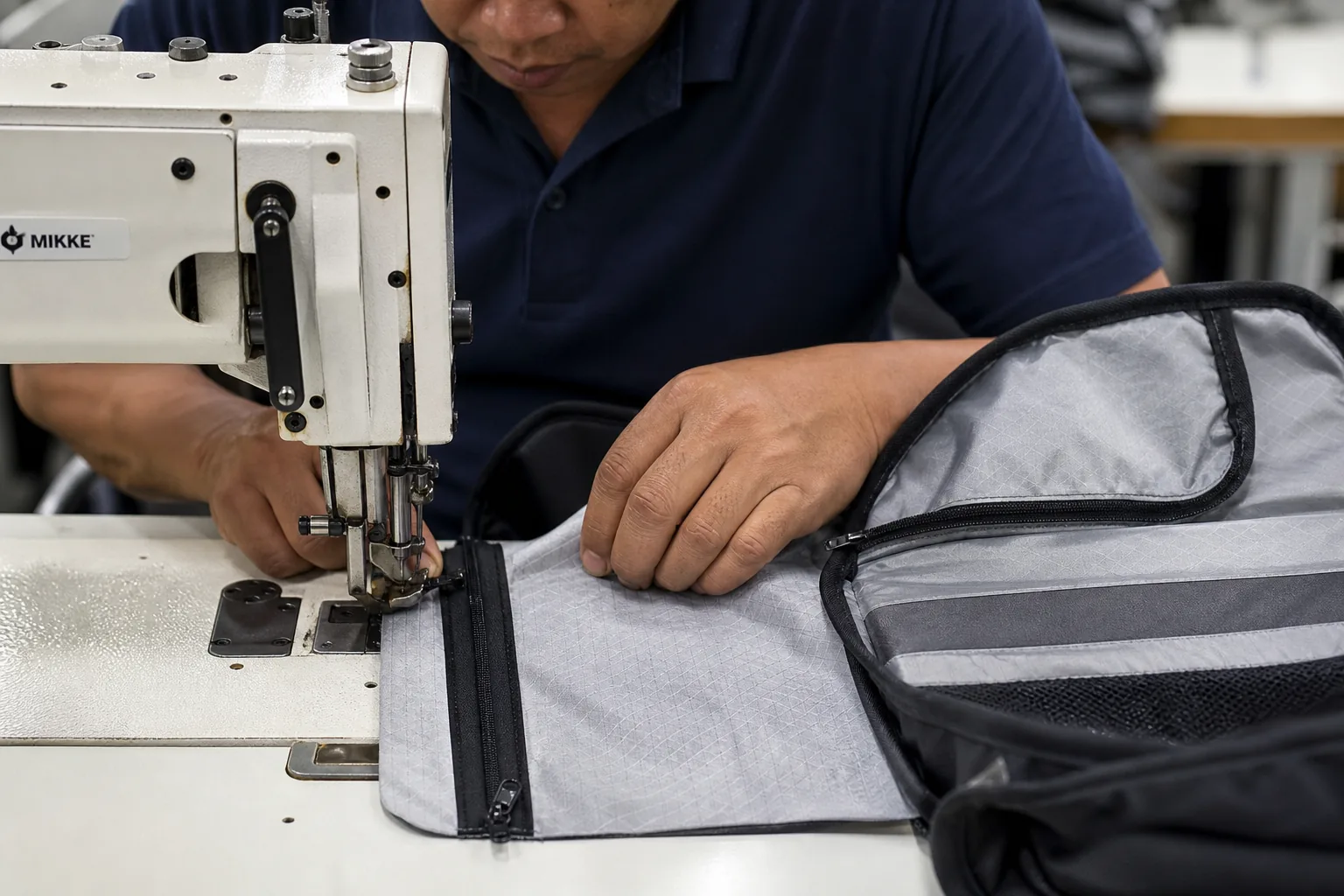 Worker sewing interior lining and pocket panels
