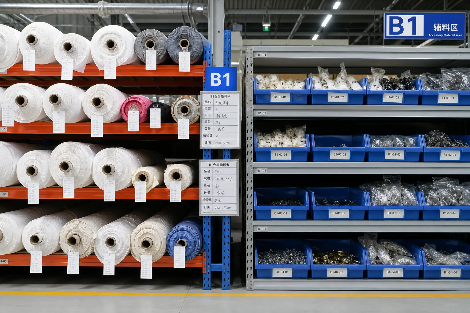 Controlled material storage with labelled inventory in a factory