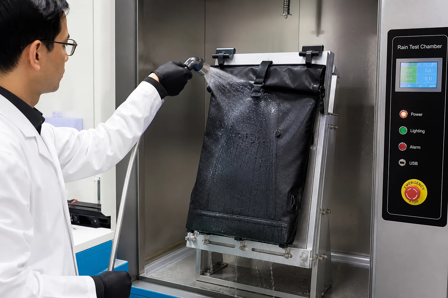 Water resistance spray test on a seam sealed panel