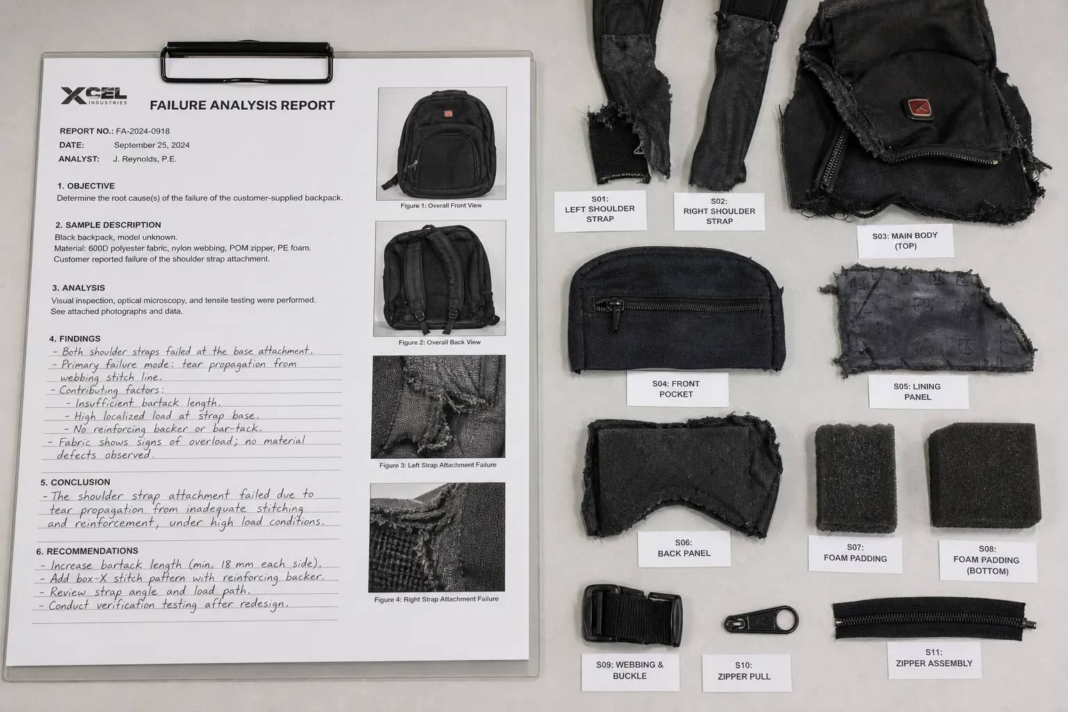 Failure analysis report beside cut-open backpack components