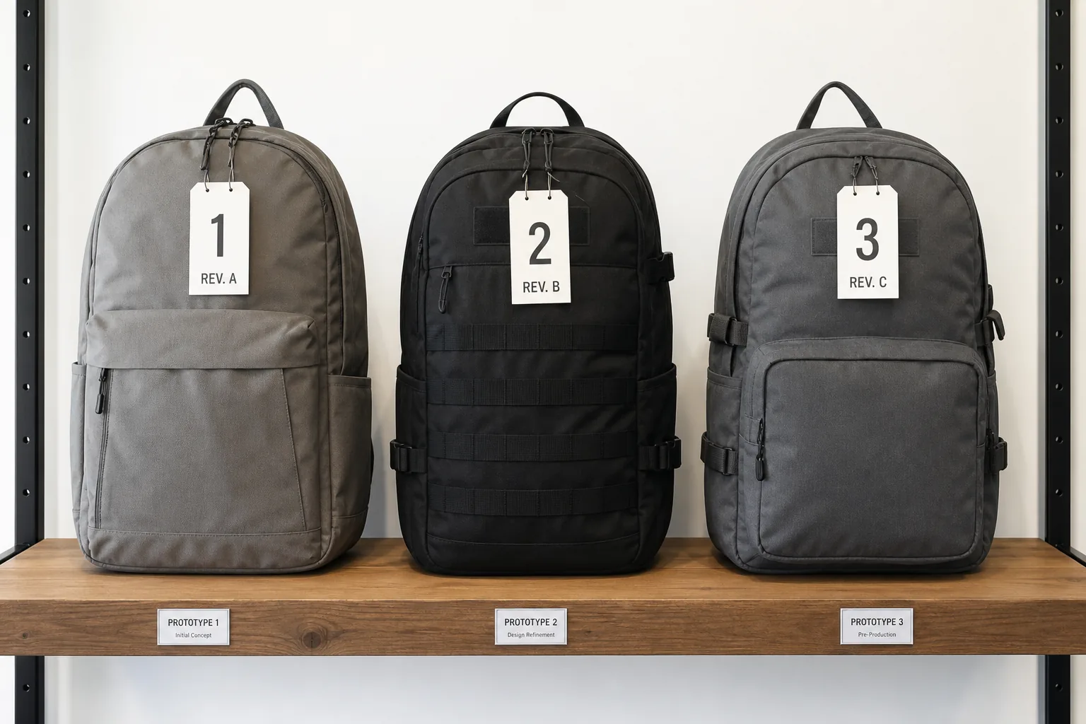 Numbered backpack prototypes on a sample room shelf