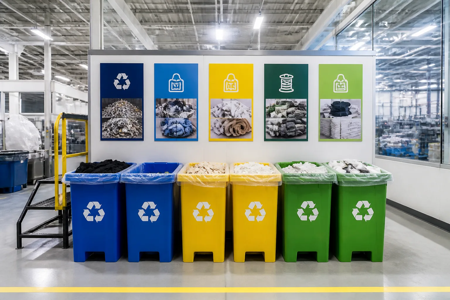Waste segregation and recycling station in a bag factory