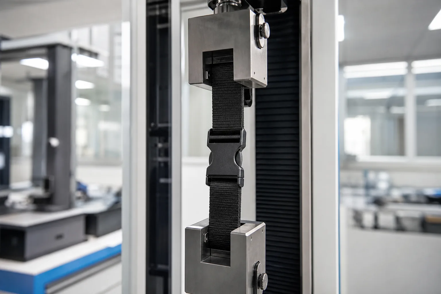 Tensile strength test on a plastic buckle and webbing in a quality control laboratory