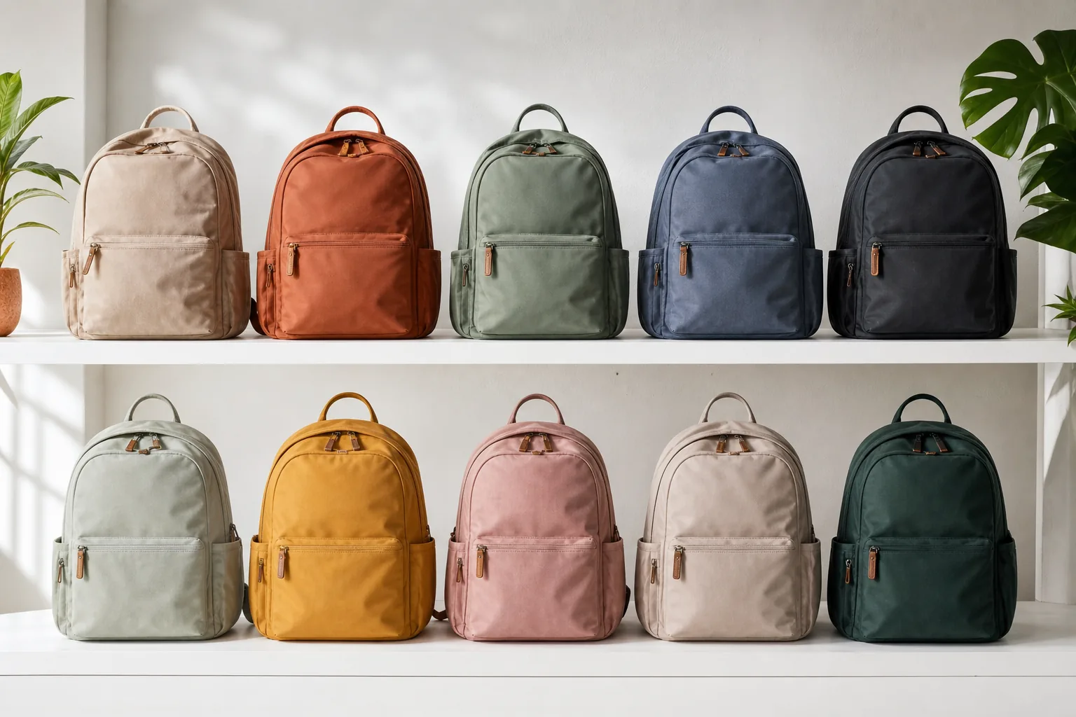 Seasonal sample range of backpacks in coordinated colours