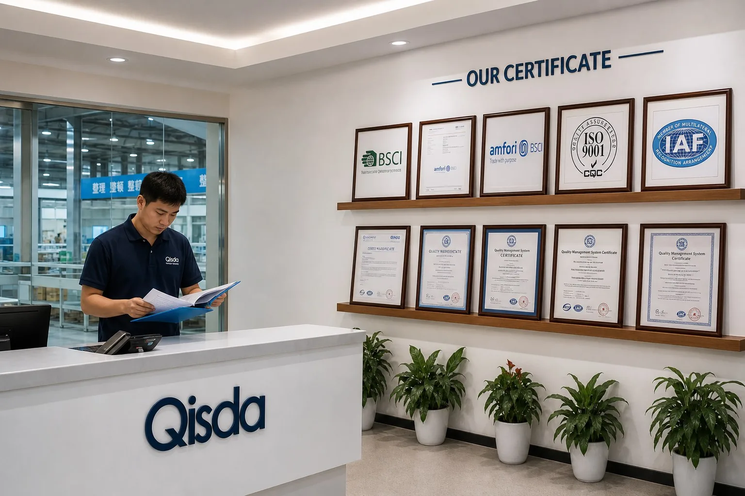 Certificates and audit documents in factory lobby