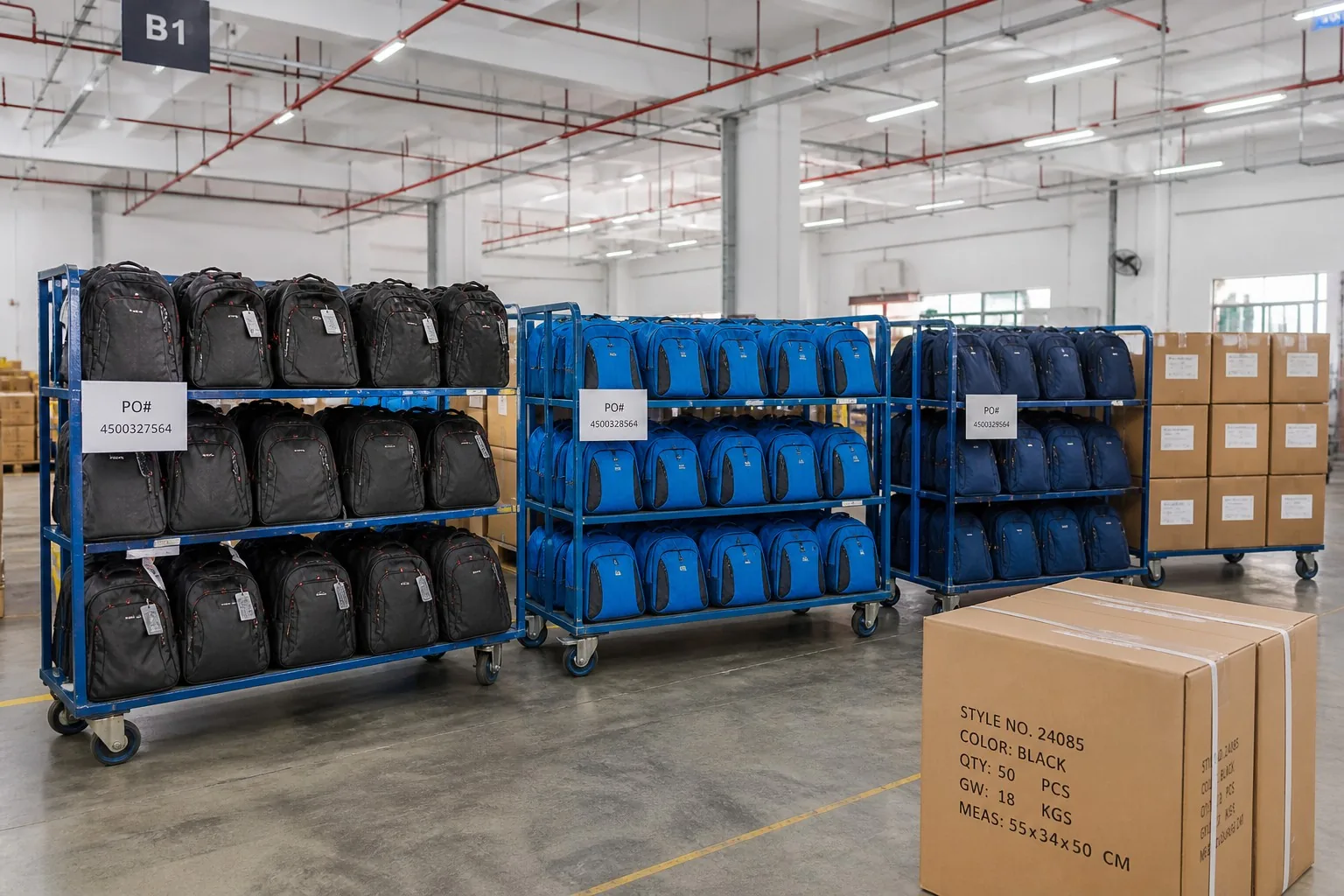 Finished batch of backpacks on trolleys ready for shipment