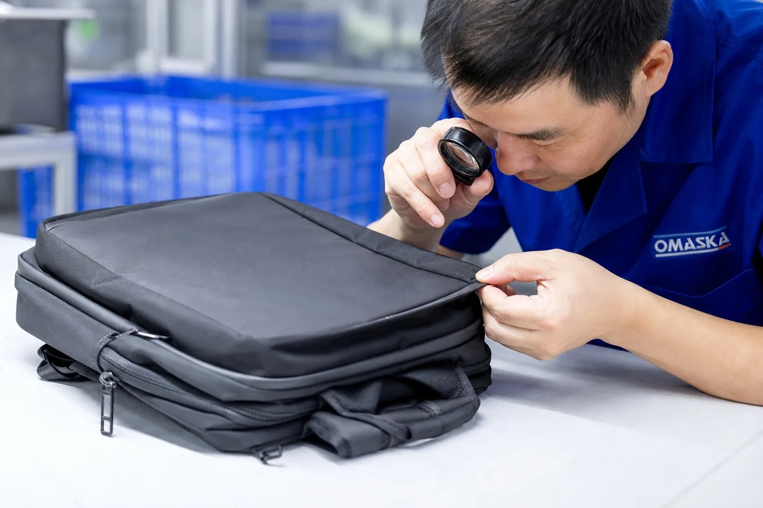 Inspector checking edge seams with magnifier