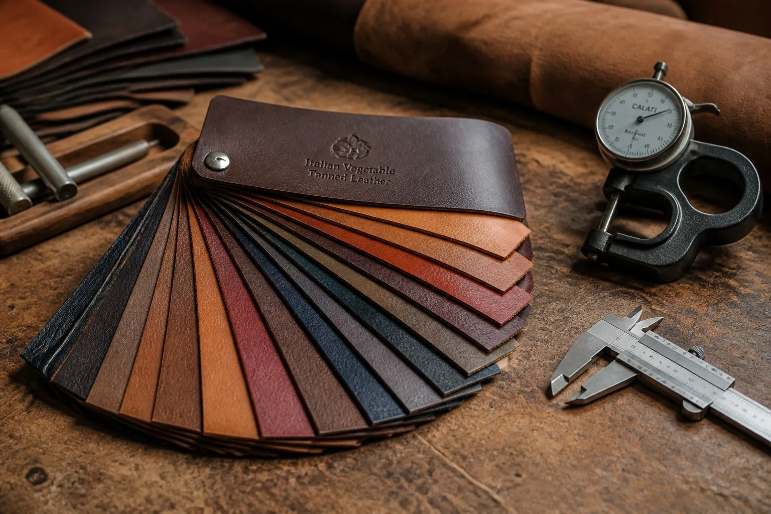 Leather swatch book with thickness gauge