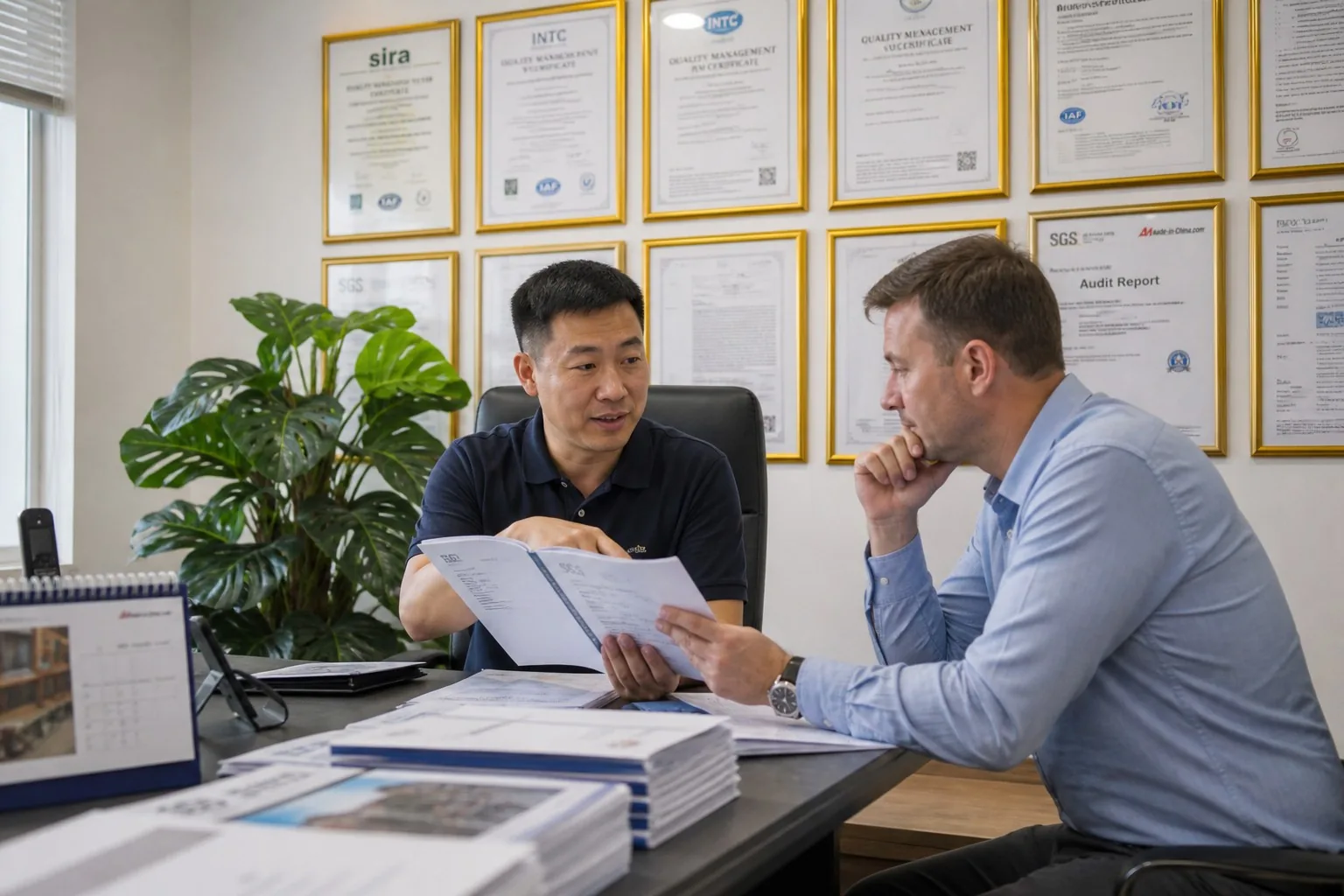 Certification documents and compliance files in factory office