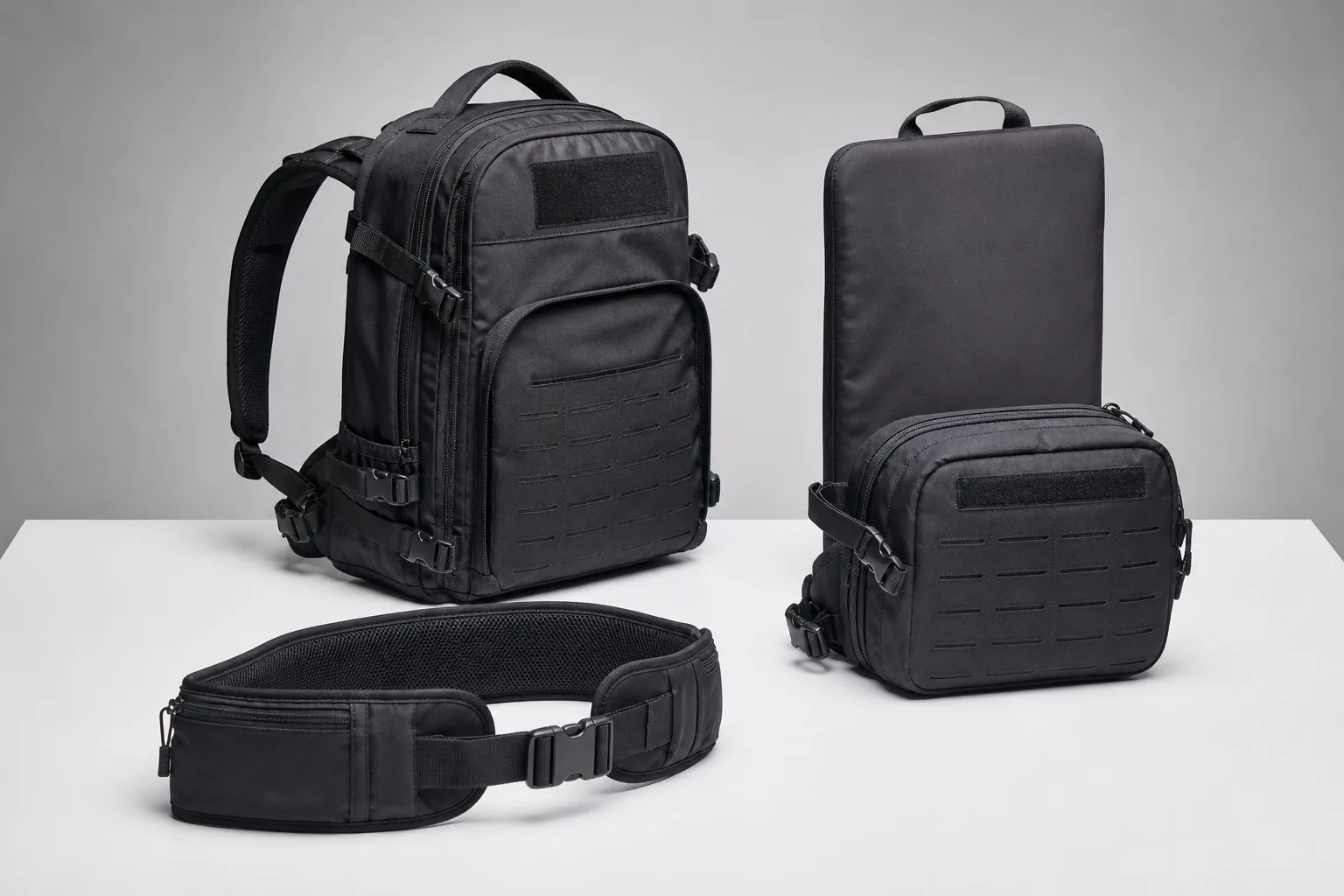 A modular backpack with detachable pouch, removable sleeve and separate hip belt laid out around the main body