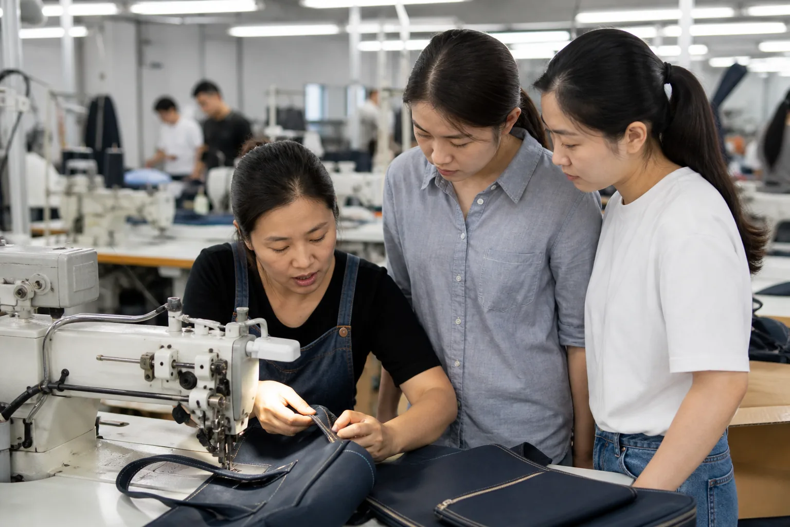 A skilled operator demonstrating a seam technique at an industrial machine to two trainees on a factory floor