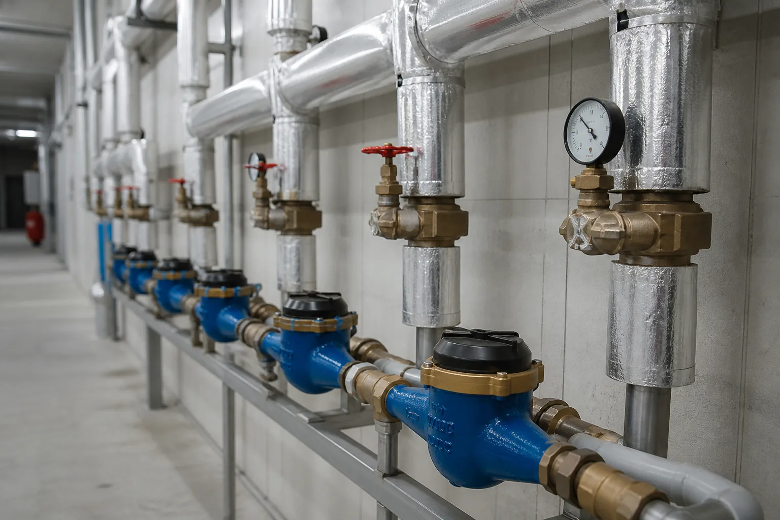 Water meters, insulated steam pipes and valves in a bag factory utility area
