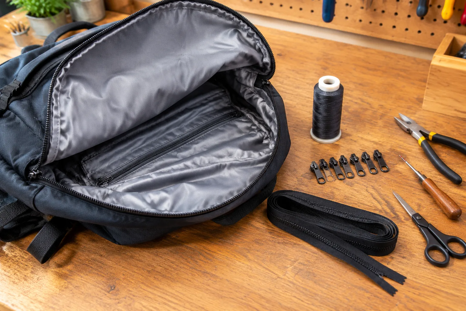 An opened backpack on a repair bench with tools, replacement zipper sliders and matching thread
