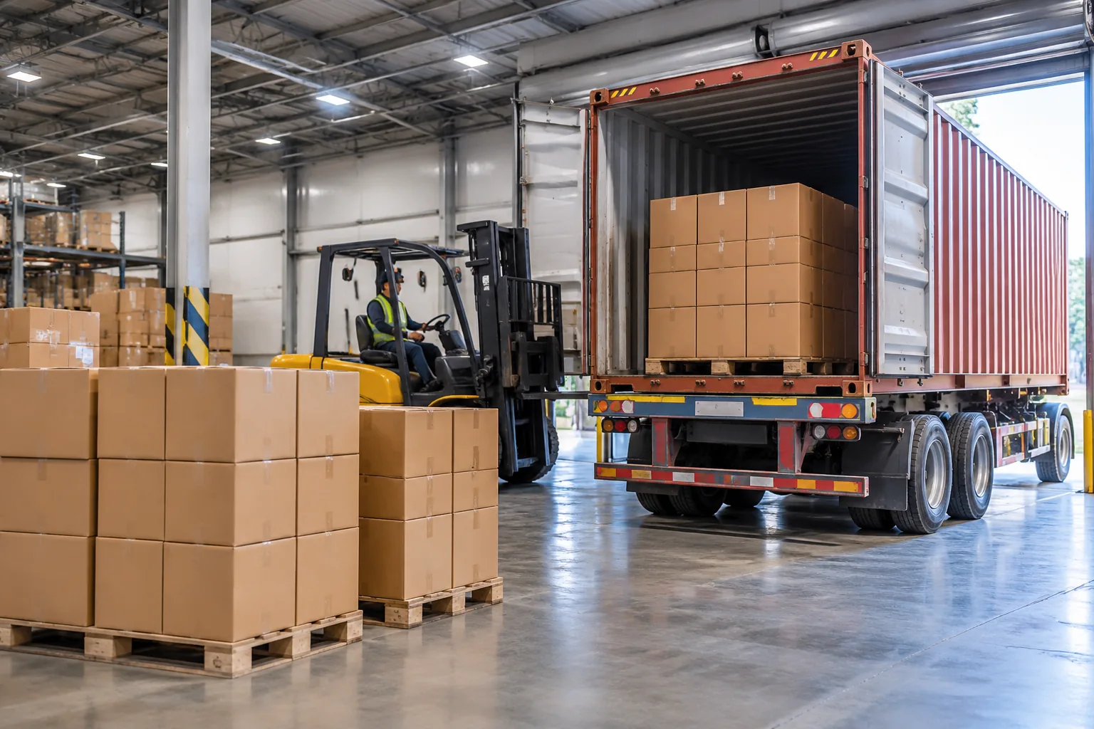 Cartons of bag products being loaded into a shipping container at a warehouse loading bay